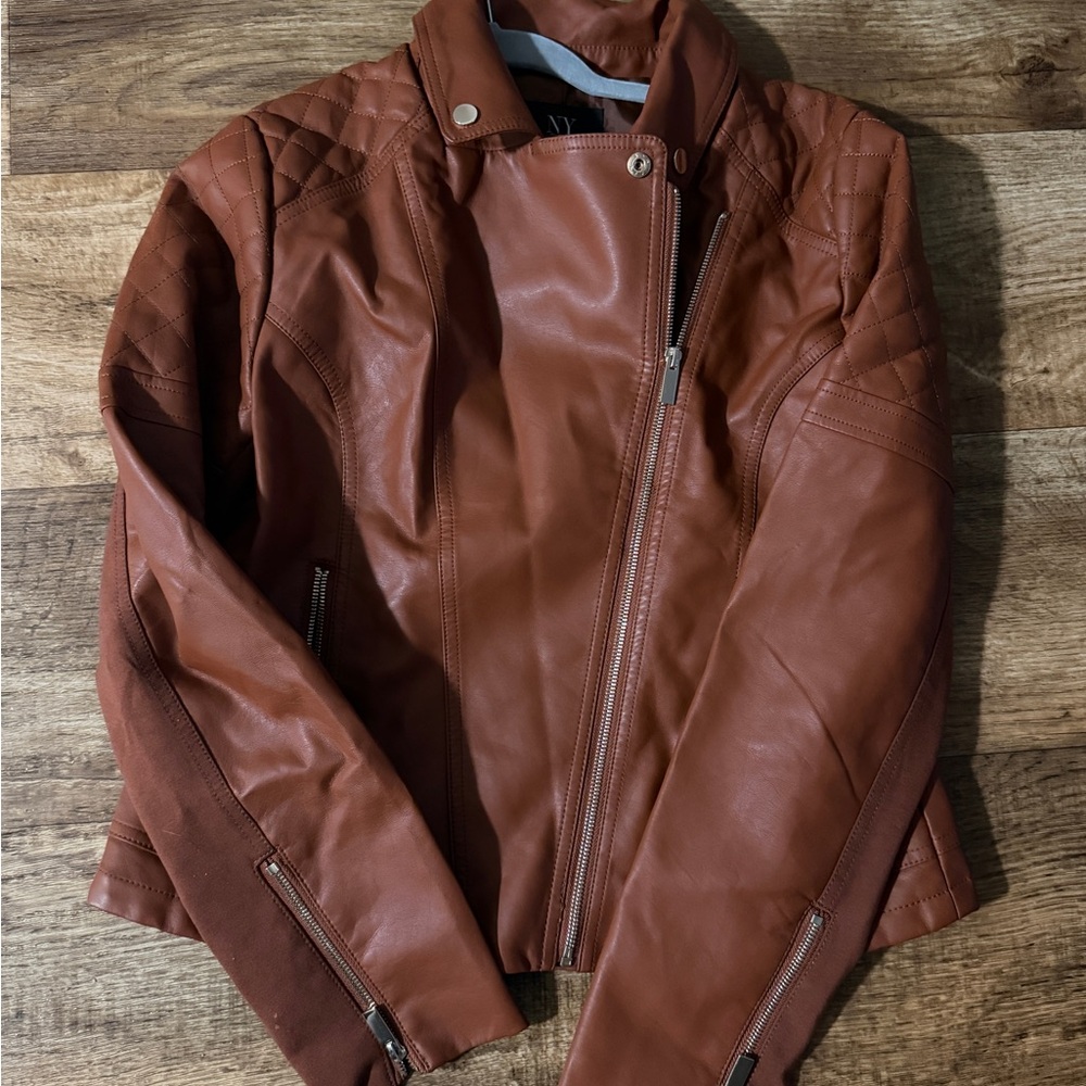 New York & Company Cognac Faux Leather Bomber Jacket